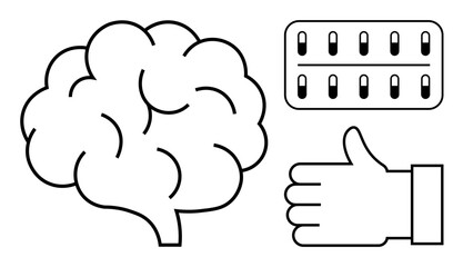 Brain, pill pack, and thumbs-up icon emphasizing mental health, medication use, and approval. Ideal for mental wellness, healthcare, pharmaceutical safety, patient care awareness campaigns