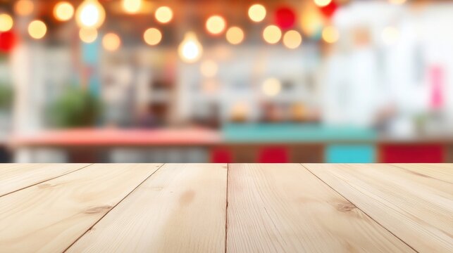 Rustic wooden table with blurred colorful background in a cozy cafe setting