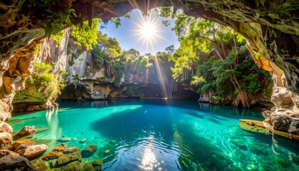 Obraz premium Sunlight streams into hidden cenote lake