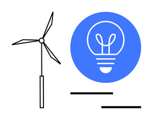 Wind turbine silhouette, light bulb within blue circle symbolizing renewable energy and innovation. Ideal for sustainability, clean energy, technology, education, innovation, eco-friendly projects