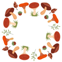 Forest mushrooms and leaves. Round frame wreath of mushrooms. Place for text. Vector decor for post, invitation, postcard.