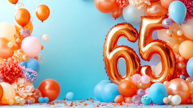 Colorful balloon decor for a 65th birthday party celebration
