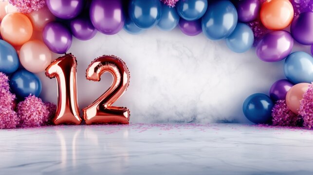 Celebration decor featuring purple and rose gold balloons for a twelfth birthday
