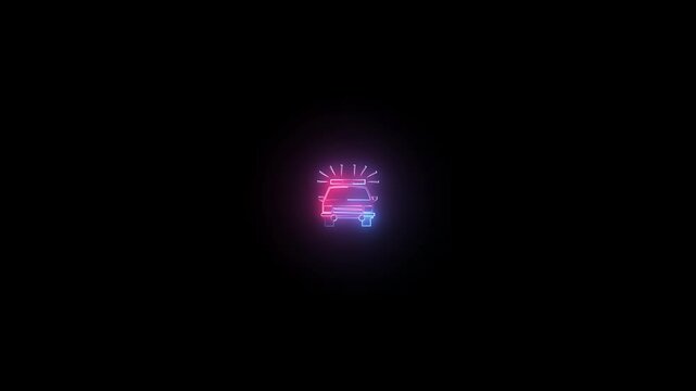 Neon police car icon cyan purple color glowing animated Glowing neon car icon with black background.4k