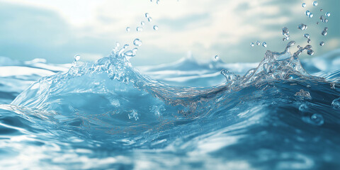 Water splash background, blue water waves with a white sky