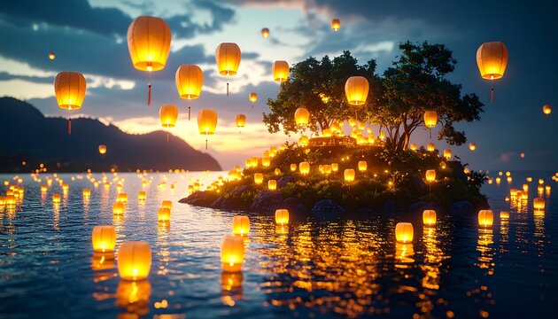 Floating Lanterns Illuminate Island at Dusk Over Water