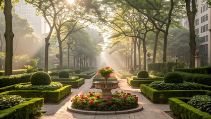 Elegant Urban Garden at Sunrise with Flowerbeds, Fountain, and Tree-Lined Pathway