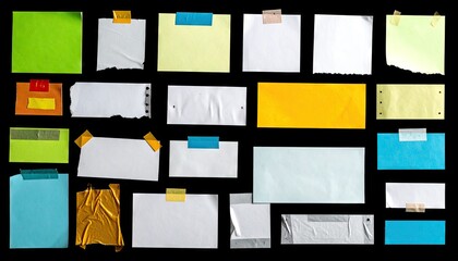 Arrangement Of Torn Paper Scraps With Various Colors And Adhesive Tape Patches On Black Background