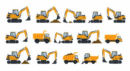 mini excavator vector, Mini Excavator Icon Set Vector Flat