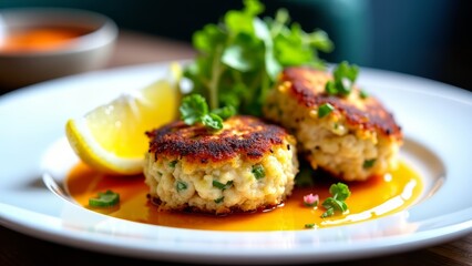 Plant-based crab cakes with lemon and greens