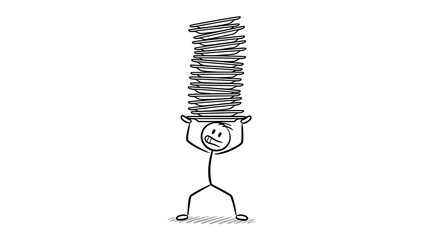 A stick figure man struggling with a tall stack of plates overhead drawing