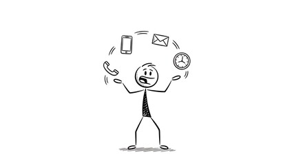 Cartoon stick figure juggling mobile phone, clock, handset and envelope icons representing multitasking
