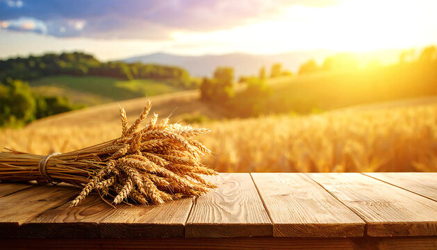 日光の下、素朴な木のテーブルの上に置かれた麦わらの束。A bundle of wheat straw on a rustic wooden table in the sunlight.
