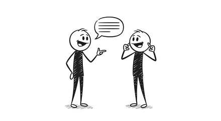 Illustrated stick figures in conversation, exchanging ideas and discussing solutions