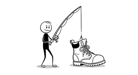 Humorous cartoon of a stick figure fishing and catching an old work boot