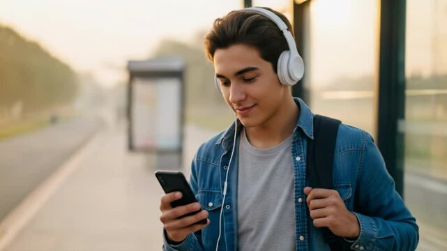 Teen with headphones nods to music while scrolling phone at dawn bus stop &ndash; relaxed morning commute
