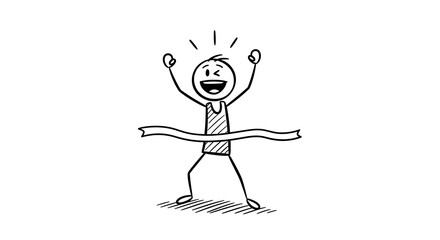 Stick figure athlete crosses the finish line with joy and enthusiasm sketch
