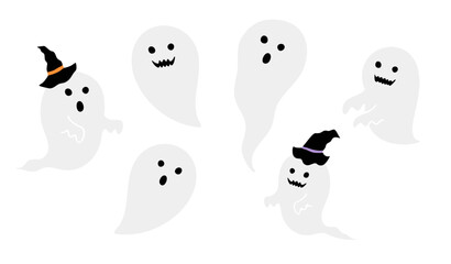 シンプルでかわいい白いお化けと魔女の帽子のおばけのイラストセット（ハロウィン 幽霊 魔女 帽子 ベクター）