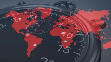 When markers appearing on red map overlay, line extending as second hand rotating showing time link - Powered by Adobe