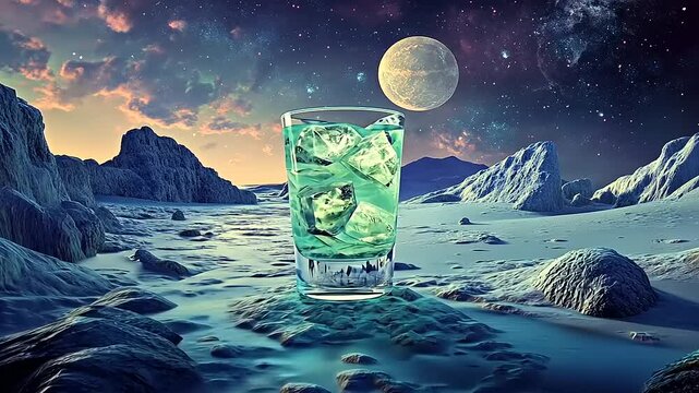 A refreshing glass of turquoise drink with ice cubes on a surreal alien landscape under a moonlit sky