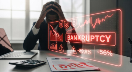 Businessman holding his head in despair with the word "Bankruptcy" surrounded by red negative financial graphs with numbers and a document with a debt stamp on the desk