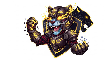 Fototapeta premium Fierce warrior cat in golden armor digital illustration for gaming design