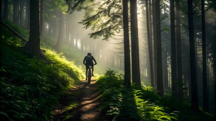 Fototapeta premium Mountain Biker Riding Through Lush Green Forest Trail in Morning Light