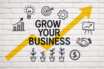 Business growth concept with upward arrow and icons light bulb target
