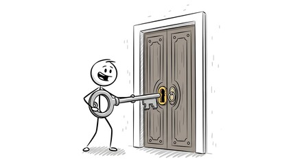 Stick figure unlocking a wooden door with a key, concept for solution and opportunity