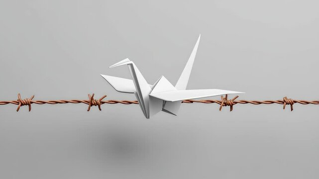 Anti War and Global Protest movement, Paper crane on barbed wire, symbolizing peace amidst conflict.