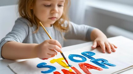 Anti War and Global Protest movement, Child painting "Stop War" message on canvas.