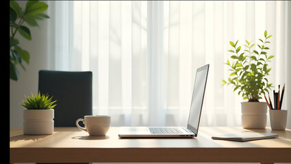 Minimalist Modern Workspace with Laptop and Natural Light  
