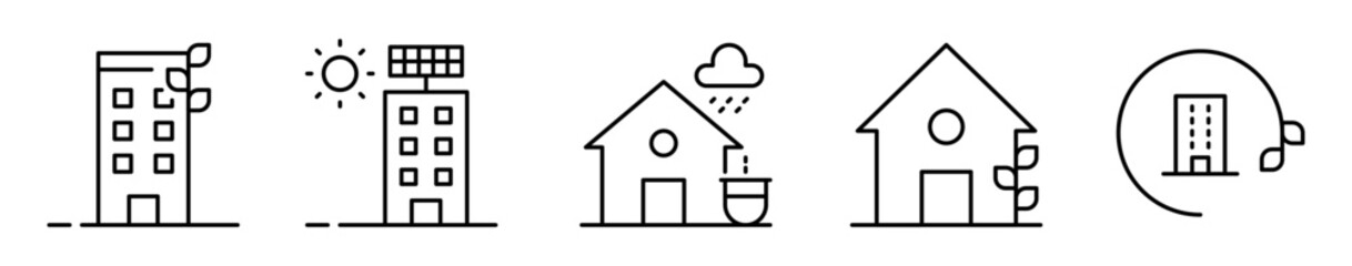 Conjunto de iconos de edificaciones sostenibles. Construcciones ecológicas. Edificio ecológico, panel solar, captación de lluvia, casa ecológica y etiqueta verde