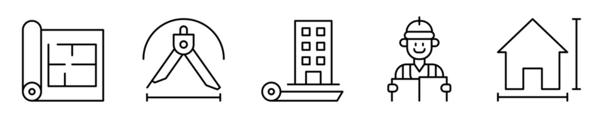 Conjunto de iconos de arquitectura y planos. Diseño y construcción de espacios. Plano, compás, maqueta, lectura de planos y casa con medidas