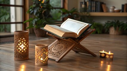 Open Quran on Wooden Rehal with Islamic Lanterns and Candles