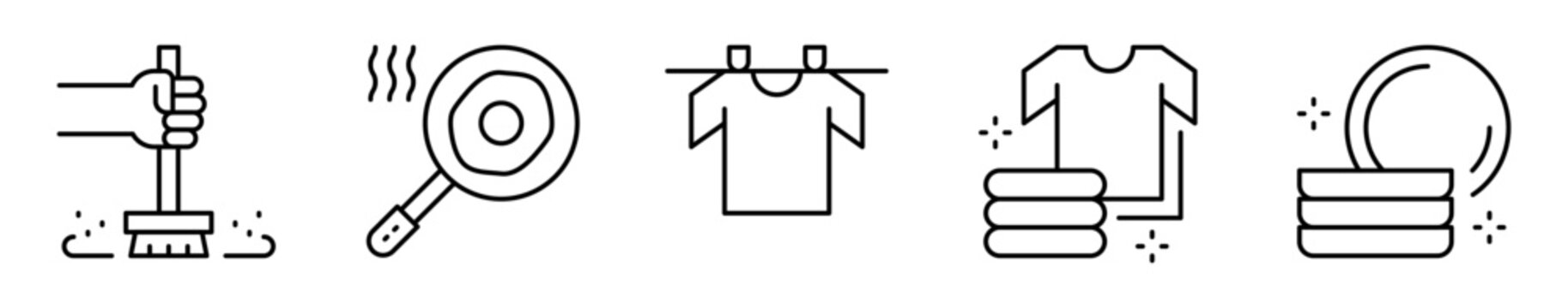 Conjunto de iconos de actividades del hogar. Tareas b&aacute;sicas para casa limpia. Barrer, cocinar, tender ropa, doblar ropa y platos limpios
