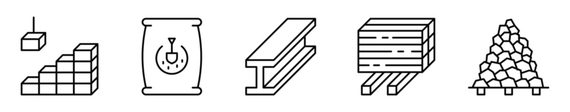 Conjunto de iconos de materiales de construcci&oacute;n. Elementos de obras y edificaci&oacute;n. Ladrillos apilados, saco de cemento, viga met&aacute;lica, transportadora y arena