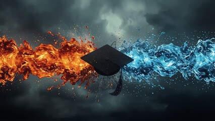 Black graduation cap suspended between fiery orange and icy blue splashes against dark sky fire water