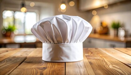 Classic white chef hat on wood surface