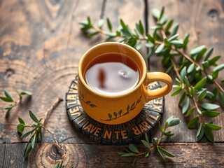 Ceramic Tea Mug on Wooden Surface with Steam By Visnora, No 020 - AI Generated