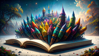 Crayons and Sketchbook on Tabletop. Back to School Concept. Generated image