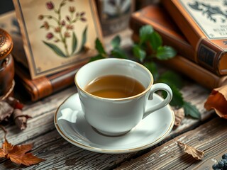 Ceramic Tea Mug on Wooden Surface with Steam By Visnora, No 019 - AI Generated