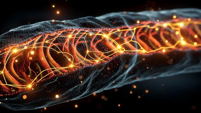 A close up of a mitochondria cell with a yellow light shining on it