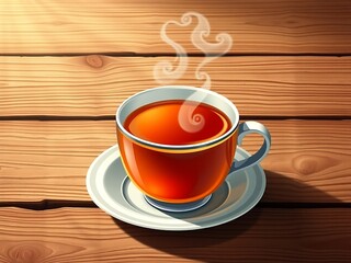 Ceramic Tea Mug on Wooden Surface with Steam By Visnora, No 014 - AI Generated