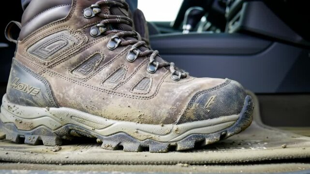 Muddy hiking boot stomped clean on car mat steps inside vehicle transition