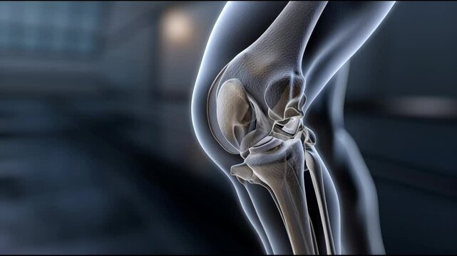 A knee is shown in a blue light, with a bone and a joint