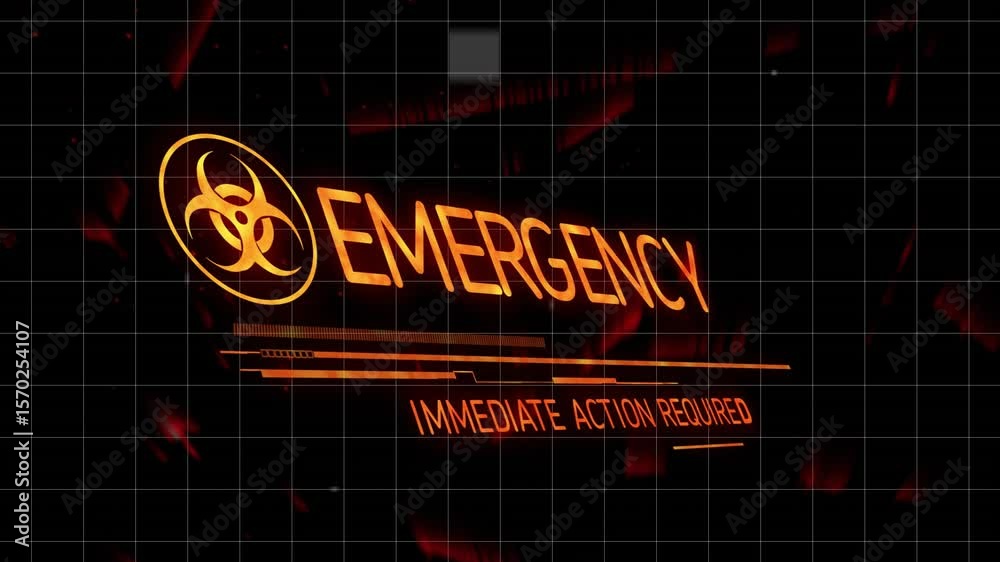 Poster glitching grid sparking biohazard symbol rotating, sliding text morphing into urgent action alert