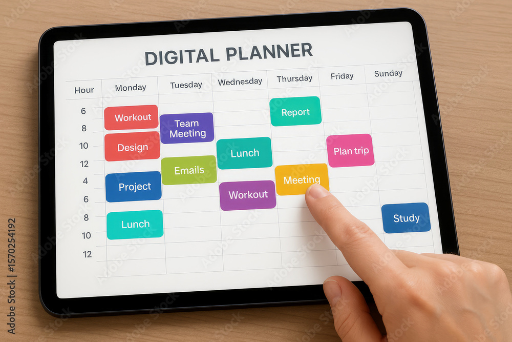 Poster digital planner schedule organized by day and time with color coded tasks organization