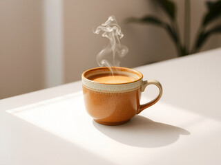 Ceramic Tea Mug on Wooden Surface with Steam By Visnora, No 008 - AI Generated