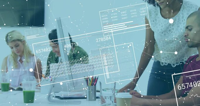 Camera lingering sparking business data overlays, colleague tracing charts, team analyzing metrics